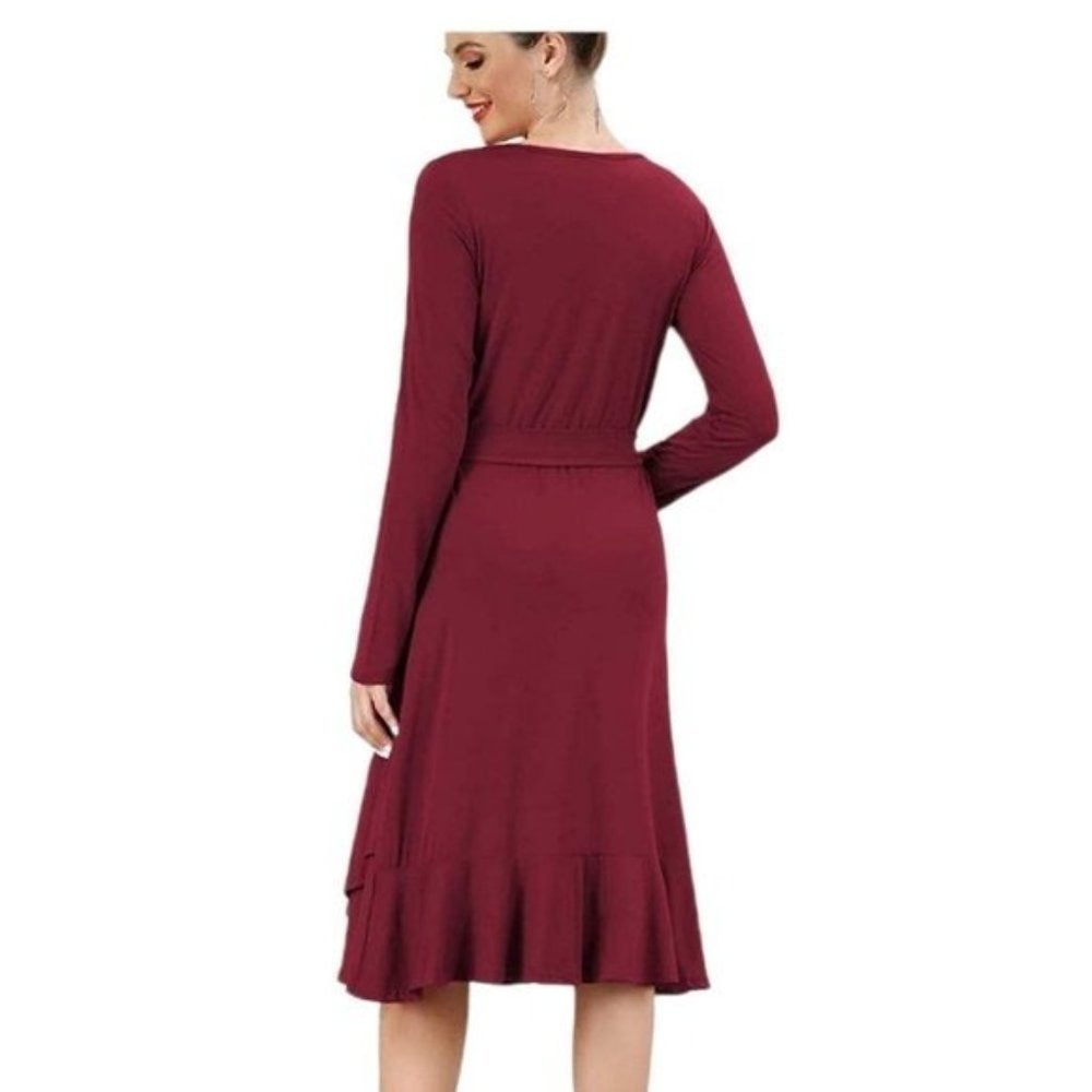 Women's Blue Long Sleeve Tie Waist Ruffle Hem Casual Midi Dress - Picture 14 of 15